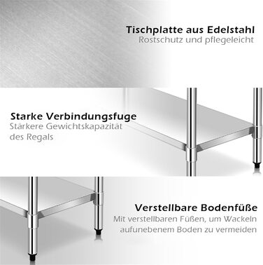Кухонний стіл COSTWAY з нержавіючої сталі з регульованою по висоті полицею, робочий стіл, стіл для кейтерингу, стіл для приготування їжі з нержавіючої сталі з проміжною полицею (92x690 см)