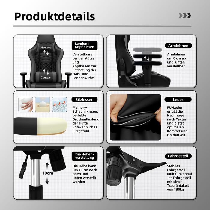 Геймерське крісло, офісне крісло з функцією гойдання до 170, ігрове крісло з регульованою поперековою подушкою, підлокітниками та підголівником, геймерське крісло зі зручними подушками сидіння, ігрове крісло вантажопідйомністю 150 кг