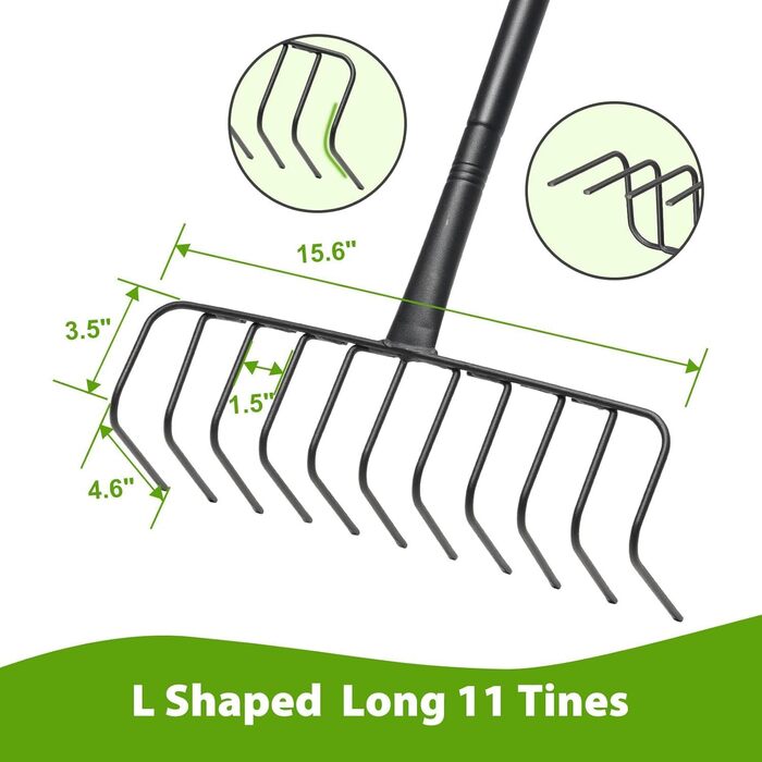 Гребінь садовий металевий 130 см для ландшафтного дизайну, 11 зубців, довга ручка. Великий садовий гребінь для розпушування ґрунту, вирівнювання газону, збору листя та догляду за травою.