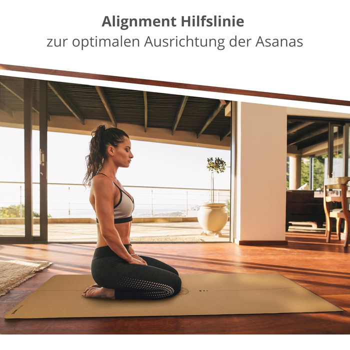 Килимок для йоги преміум-класу з корком (товщина 4 мм) - Нековзний килимок для фітнесу з лініями вирівнювання - Килимок для пілатесу Сумка для йоги Мандала