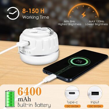 В-1 акумуляторний кемпінговий ліхтар та портативний зарядний пристрій 5200 мАг - захист IP65, надзвичайно яскравий магнітний світлодіодний ліхтар для кемпінгу, роботи в наметі на свіжому повітрі, походів, надзвичайних ситуацій, білого кольору, 2-