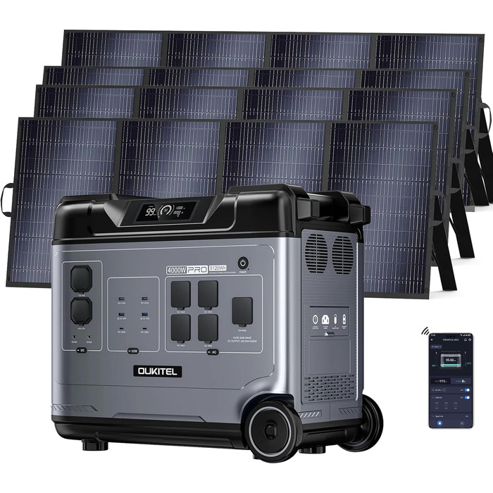 Портативна електростанція OUKITEL P5000 Pro 4000 Вт з 4 сонячними панелями по 200 Вт, сонячним генератором 5120 Втгод, акумулятором LiFePO4, повною зарядкою за 1,5 години, 15 виходами, додатком, портативна електростанція для кемпінгу, подорожей, дому P500