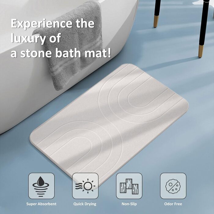 Килимок для ванної Feilifan з каменю діатомовий килимок, швидковисихаючий діатомовий килимок для душу, водопоглинаючі кам&39яні килимки для ванної кімнати та кухні, легко миється (59,7 x 38,1 x 1 см, білий)