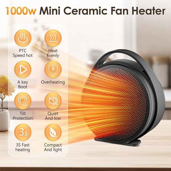 Енергозберігаючий електричний вентилятор-обігрівач, керамічний вентилятор-обігрівач PTC потужністю 1000 Вт, невеликий електричний обігрівач, термостат, захист від перегріву та перекидання, 2 режими, електричний обігрівач для вітальні, спальні, офісу