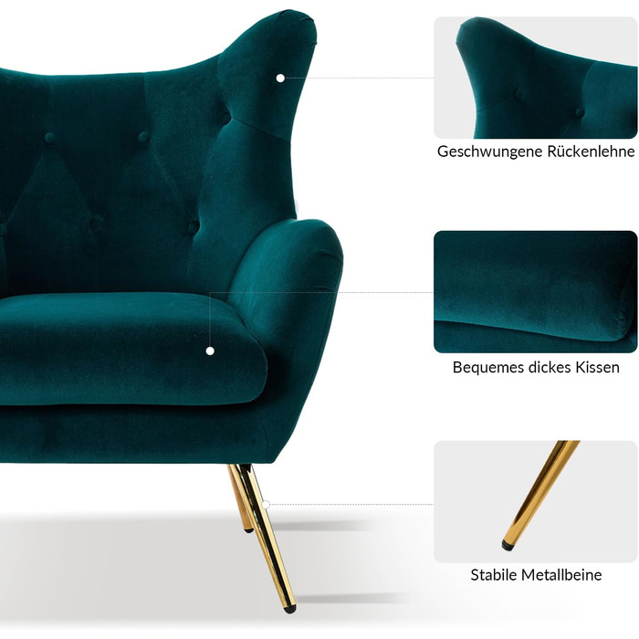 Крісло HULALA HOME, зручне крісло з відкидною спинкою та золотистими металевими ніжками, крісло для читання, зручне крісло з оксамиту для вітальні/спальні, темно-зелений 1 темно-зелений