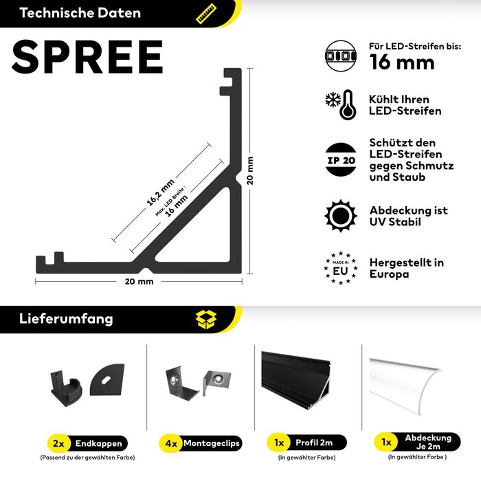 Алюміній - світлодіодний алюмінієвий профіль чорний - 200 см - кутовий профіль - опалова кришка з аксесуарами - для світлодіодної стрічки 16 мм - сумісна з Philips Hue - Spree (Spree Black 200 Semi)