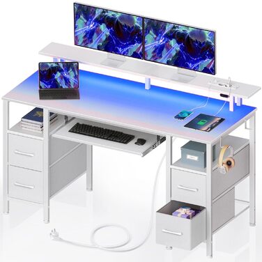 Ігровий стіл Seventable з шухлядами, комп&39ютерний стіл зі світлодіодним освітленням, розетками та USB-портами, ігровий стіл з підставкою для клавіатури та монітора для офісу, вітальні (білий, 120x47x88 см) Білий 120x47x88 см
