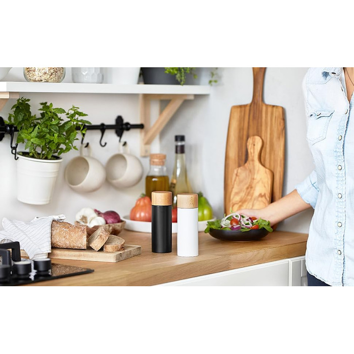 Набір млинів для солі та перцю 2 шт., Млин для березових спецій у скандинавському дизайні, регульований керамічний подрібнювач, подрібнювач, ненаповнений та багаторазовий - чорний/білий