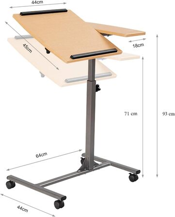 Приліжковий столик GIANTEX з колесами, регульований по висоті та нахилу стіл для догляду, стіл для ноутбука на колесах/столик для ноутбуків з 2 упорами, приліжковий столик для ліжок для догляду, з підставкою для миші, 64 x 45 x 71-93 см (натуральний)
