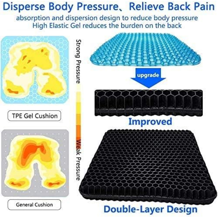 Ортопедична подушка для сидіння з протиковзким чохлом та з інноваційною гелевою подушкою Honeycomb Construction для автомобіля, офісу та інвалідного візка Black