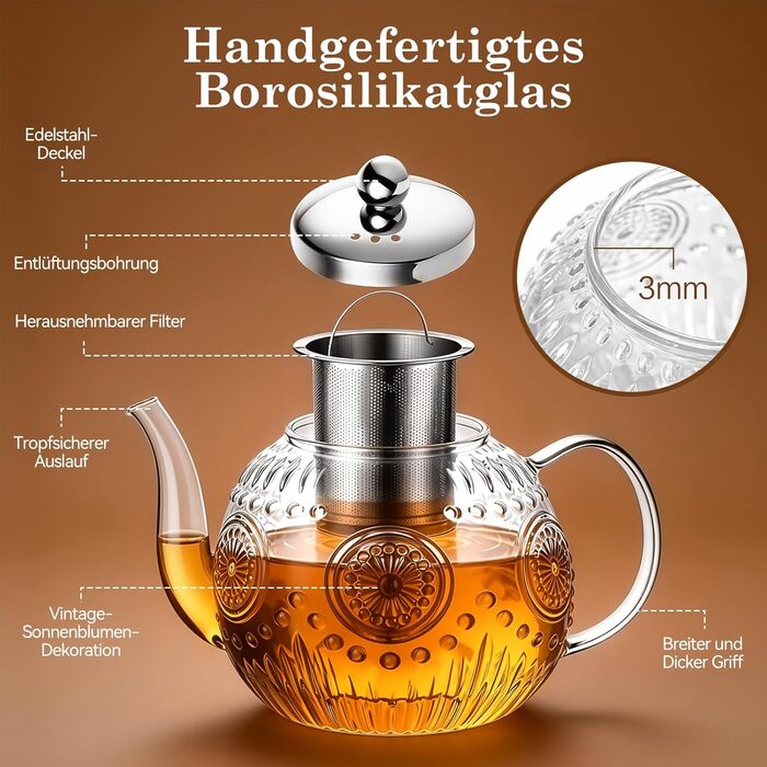Чайник скляний з ситечком STNTUS, 1.2 л чайник для розсипного чаю та квіткового чаю, жаростійке боросилікатне скло, зручний вилив HX-1200 мл