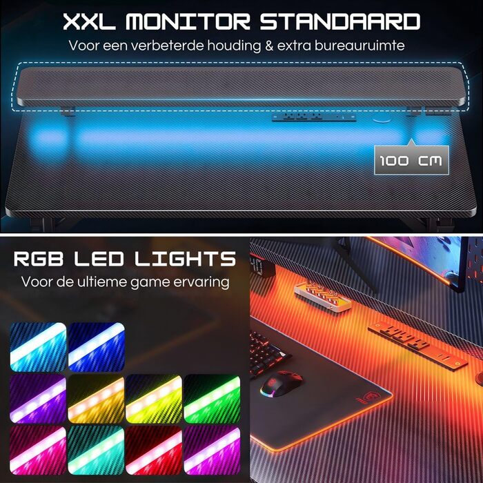 Ігровий стіл Five Stars - Комп&39ютерний стіл - 100x50x75 см - Ігровий стіл зі світлодіодним підсвічуванням - Чорний карбон