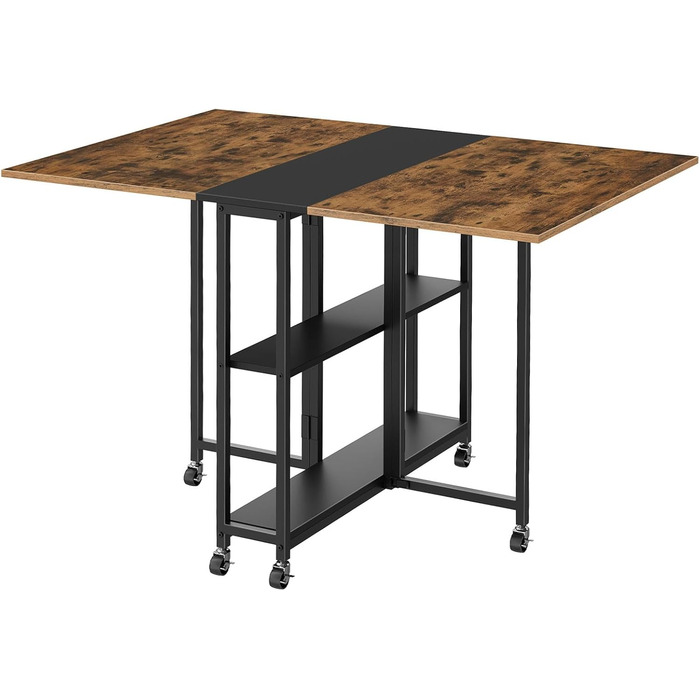 Розкладний обідній стіл, кухонний стіл, мобільний стіл, розкладний стіл з 6 коліщатками, що блокуються, та 2 полицями, для кухні, вітальні, квартири, сільський коричневий та чорний DTCZ01BF Рустикальний коричневий, чорний