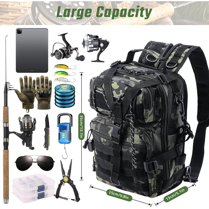 Рибальська сумка Aceshop, водонепроникний рюкзак для рибальських снастей Рибальський рюкзак Військова сумка через плече Molle Fishing Bag Тактичний туристичний рюкзак Багатофункціональний військовий рюкзак для риболовлі Похідний камуфляж