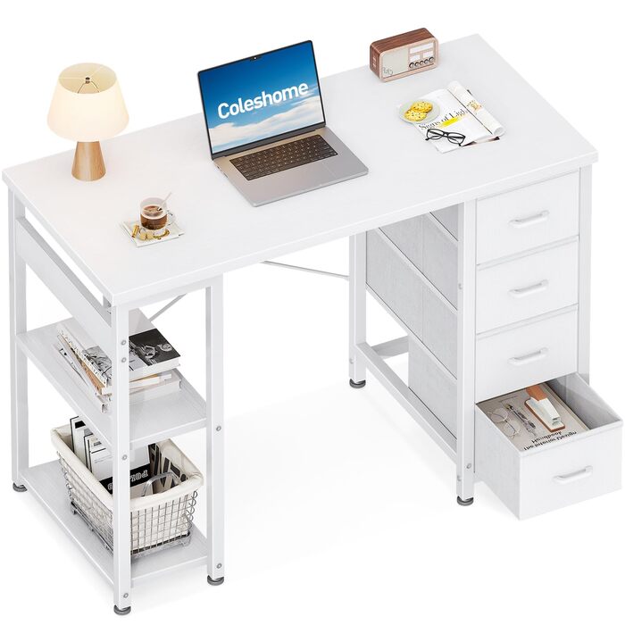 Невеликий письмовий стіл Coleshome з 4 шухлядами, 100x40 см, стіл з місцем для зберігання, двосторонній комп&39ютерний стіл з полицями, ПК-стіл для офісу, кабінету, спальні, білий