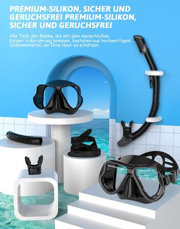 Набір для сноркелінгу QcoQce для дорослих, суха трубка з маскою для дайвінгу із загартованого скла із захистом від запотівання та протікання, панорамний вид та легке дихання для сноркелінгу та дайвінгу, чорний