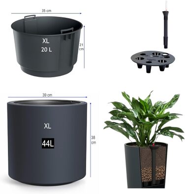 Квітковий горщик MELTOM з вкладишем та системою поливу Круглий та сучасний Морозостійкий та стійкий до ультрафіолету Пластиковий горщик для використання в приміщенні та на вулиці (Антрацит, XL) Антрацит XL