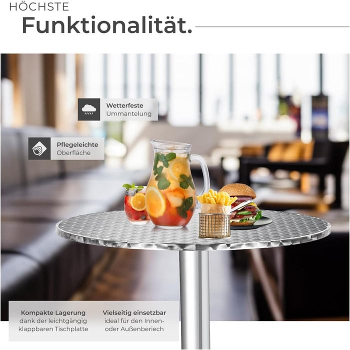 В-1 розкладний стіл Ø 60 см, бістро-стіл, розкладний балконний стіл, алюмінієвий барний стіл, стіл з регульованою висотою 75 см / 115 см, стіл для вечірок, круглий обідній стіл, садовий стіл, розкладний стіл - сріблястий 75/115 см / Ø вертикальної труби 5