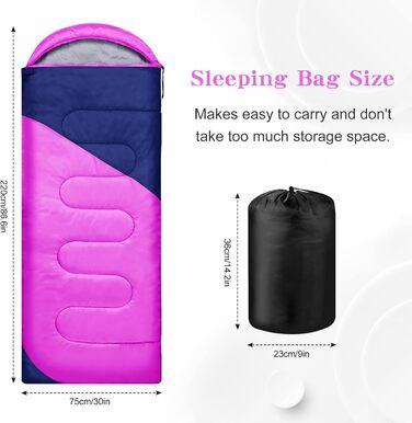 Легкий та компактний спальний мішок для дорослих та дітей, 3-4 сезони, легкий та компактний спальний мішок для походів, прямокутний кемпінговий спальний мішок з кишенею, рожево-червоний темно-синій