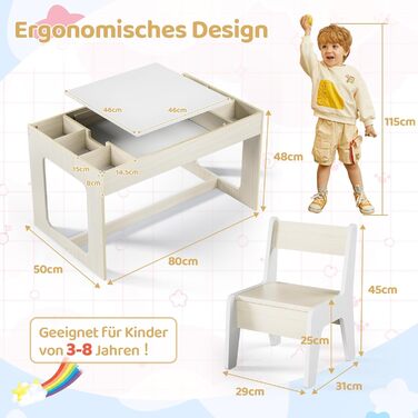 Дитячий комплект сидіння MAMIZO з місцем для зберігання, дитячий стіл з 2 стільцями, комплект дитячого столу та стільців з двосторонньою стільницею, дитячий стіл для дитячих кімнат та дитячих садків, вік 3, колір дерева з білим