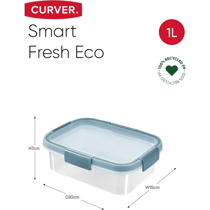 Набір контейнерів для зберігання харчових продуктів CURVER Fresh ECO з 4 предметів 1 л, виготовлений з 100 переробленого ПП, пастельно-блакитний, 4 шт. 4 шт. 1 л