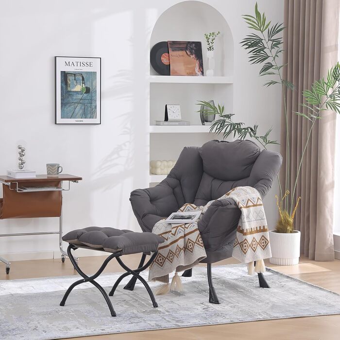 Зручне крісло з підніжкою, крісло-ліжко з оттоманкою, крісло для відпочинку, крісло для відпочинку з підлокітниками та бічною кишенею для вітальні, спальні та невеликих приміщень, темно-сірий