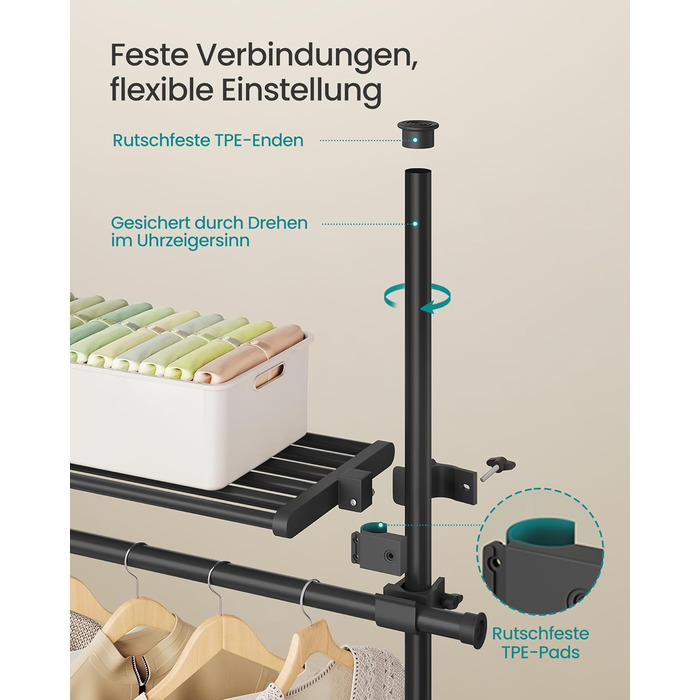 Телескопічна вішалка для одягу SONGMICS, 3-рівнева шафа, регульована по висоті та ширині, відкрита шафа з 6 шт. ангами для одягу та 3 знімними полицями, поручень, матово-чорний HSR155B01 3 ряди (240 Вт-353 Вт) см матово-чорний