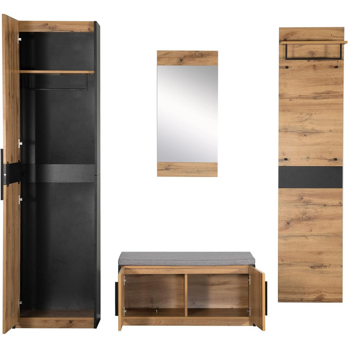 Шафа для одягу 4 предмети з дзеркалом і лавкою, Шафа для одягу, Меблі для гардеробу, Стильна компактна шафа для одягу з 4 гачками,