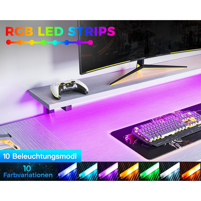 Кутовий стіл ODK з 4 шухлядами та місцем для зберігання, двосторонній кутовий стіл 167102 см з 2 розетками та 2 портами зарядки USB, ігровий стіл зі світлодіодним освітленням та підставкою для монітора для домашнього офісу, білий