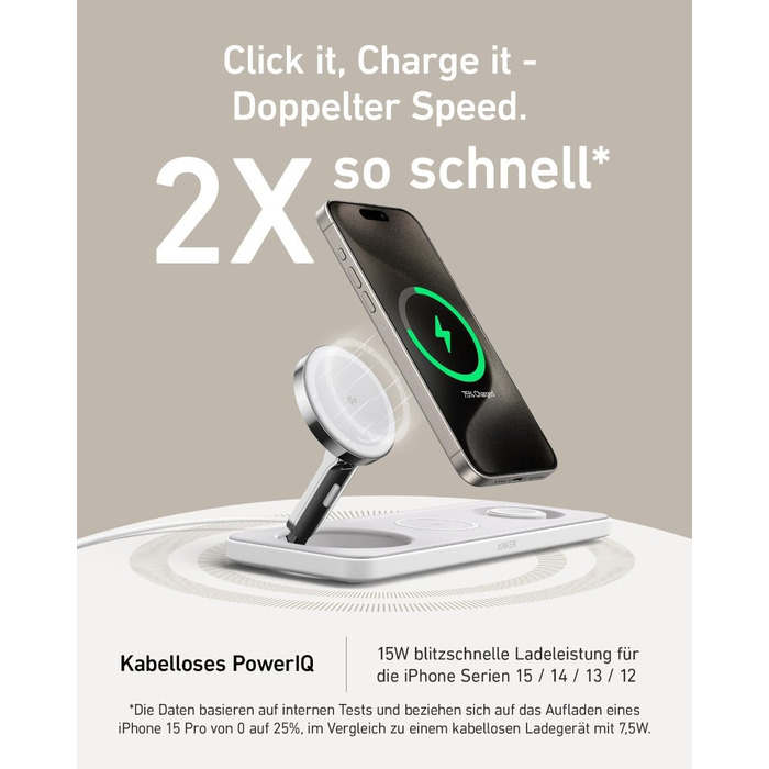 Складна бездротова зарядна станція 3-в-1 Anker MagGo, сертифікований Qi2 надшвидкий бездротовий зарядний пристрій потужністю 15 Вт