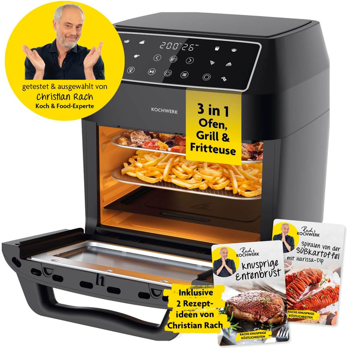 Цифрова фритюрниця Rachs KOCHWERK 12 літрів з пакетом аксесуарів XXL Духовка, гриль і фритюрниця з оглядовим вікном і сенсорним екраном Фритюрниця без олії 10 програм і функція таймера