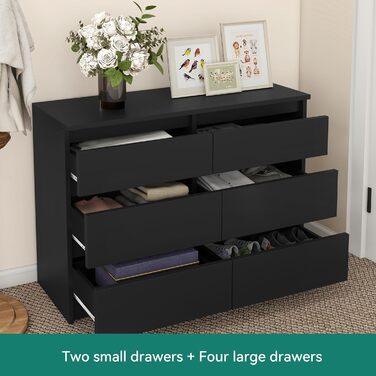 Комод YITAHOME, 6 шухляд, шафа для спальні, сучасні меблі 100x30x70 см, міцний та безпечний, виготовлений з дерева, з напрямними для шухляд, чорний