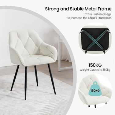 Обідні стільці WOLTU, комплект з 2 шт. , для їдальні та вітальні, ергономічні кухонні стільці, оббиті підлокітниками, металеві ніжки, оксамитове сидіння, кремово-білий колір, комплект з 2 шт.