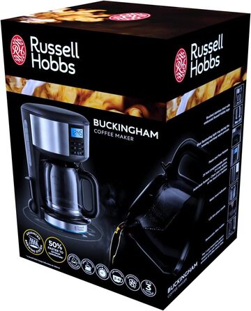 Кавоварка Russell Hobbs цифровий таймер, душова лійка для оптимальної екстракції та аромату Букінгем (макс. 10 чашок, скляний глечик 1,25 л, нагрівальна плита, 1000 Вт) Кавоварка з фільтром 20680-56