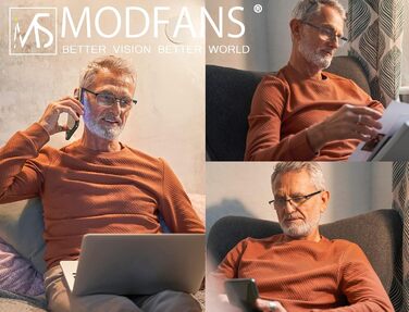 Чоловічі окуляри для читання MODFANS, 3 упаковки, синій світлофільтр, металева рама, прямокутний стиль, матеріал з нержавіючої сталі