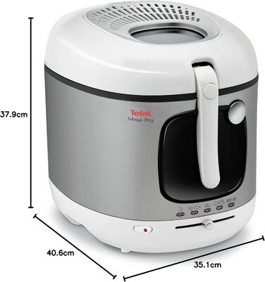 Електрична фритюрниця Tefal FR4800 Mega 2 кг Ємність масла 3,3 л Фільтр проти запаху Запчастини, безпечні для миття в посудомийній машині Оглядове вікно регульований термостат Білий/Нержавіюча сталь