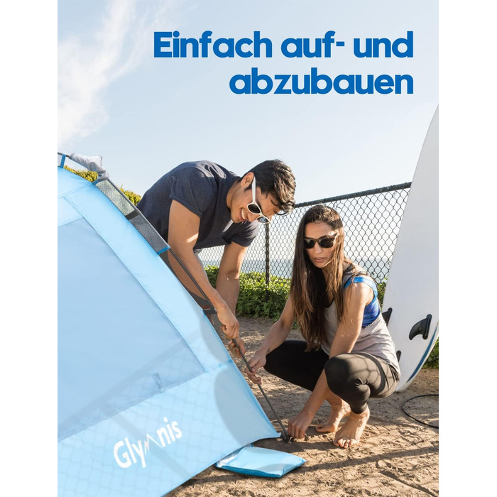 Пляжний намет Glymnis Quick Up, автоматичний пляжний намет, захист від ультрафіолету 50, вітрозахисний, сонцезахисний козирок із системою швидкого складання, невеликий розмір у пакуванні, для 4-5 осіб, синій, BT-ZD02-B, з подовжувальною підлогою