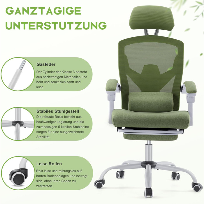 Ергономічне офісне крісло DUMOS - стілець зі зручними підлокітниками, оснащений зручною поперековою опорою та підставкою для ніг, підходить для дому та офісу (зелений)