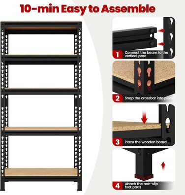 Міцний стелаж Yaheetech з 2 предметів, стелаж для зберігання, 150 x 70 x 30 см, безболтовий стелаж з 5 регульованими полицями, підвальний стелаж, вантажопідйомність 590 кг, стелаж з металевим каркасом, чорний
