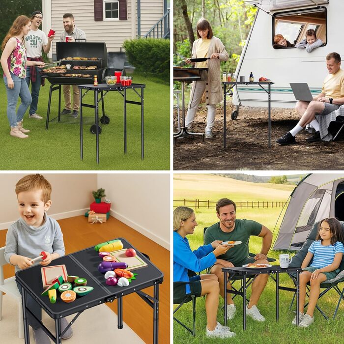 Стіл для кемпінгу JiGiU 60x40 см, складний, з 3 регулюваннями висоти 27 см/51 см/74 см, алюмінієвий каркас, компактний гриль-стіл для саду, кухні, пікніка, використання в приміщенні та на вулиці, стіл-валіза (чорний)
