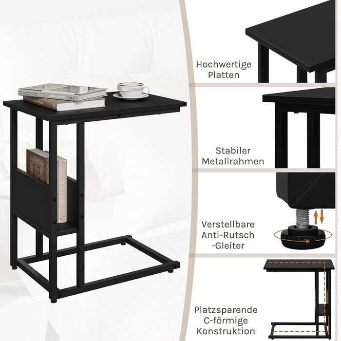 Приставний столик Журнальний столик Диванний столик Тумбочка Приліжковий столик Столик для ноутбука, металевий каркас, стільниця з ДСП, 55x36x59,5 см (ШxГxВ), чорний TS79sz
