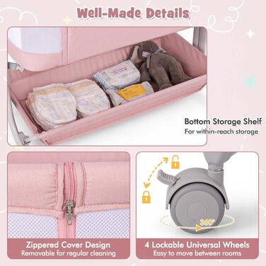 Дитяче ліжечко FANTASK 3-в-1 з матрацом, мобільне дитяче ліжечко з 6 регулюваннями висоти, портативне дорожнє ліжечко з кошиком для зберігання та сумкою для перенесення для дітей до 6 місяців (рожеве)