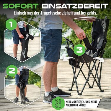 Складаний кемпінговий стілець MOUNTREX (до 120 кг) - Складаний стілець з регульованими підлокітниками - Рибальський стілець, Пляжний стілець - Складаний, компактний та легкий - Кемпінговий стілець з тримачем для напоїв та сумкою, Чорний