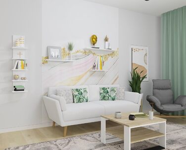 Настінна полиця MARAND, підвісна, 80 см Книжкова полиця з 5 полицями з ламінату матово-білого кольору, сучасна дизайнерська підвісна полиця для вітальні, офісу, коридору або кухні, легке складання, 5 полиць, матово-білий колір