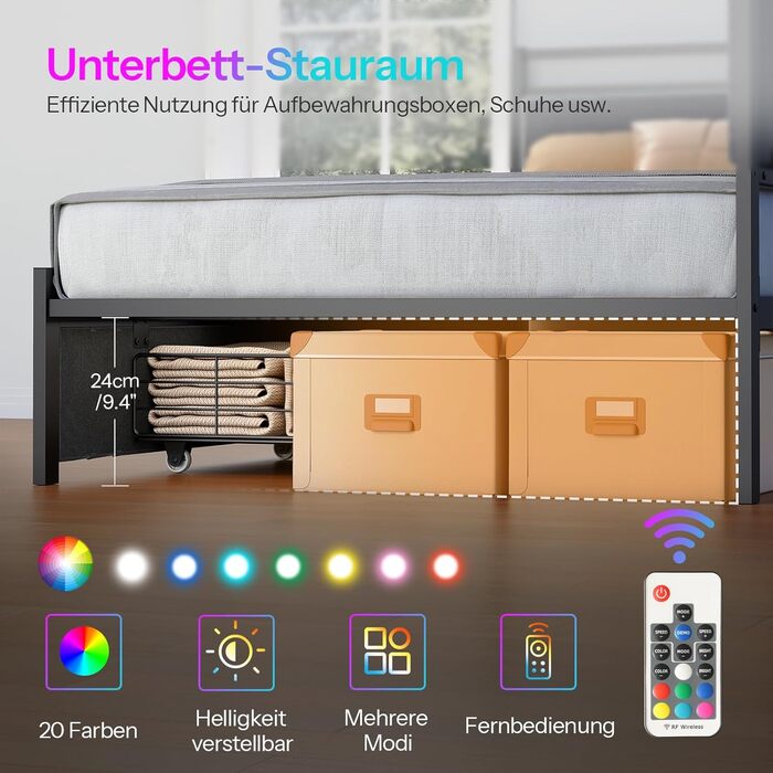 Диван-ліжко HOOBRO 90 x 200 см з 2 шухлядами, рейкова основа, каркас ліжка, м&39яке ліжко із зарядною станцією та світлодіодним освітленням, м&39яке ліжко, односпальне ліжко, для спальні, сірий та чорний EBG81CDBF01