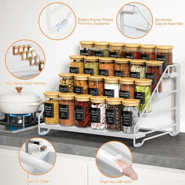 Рівнева підставка для спецій, металева підставка для спецій, регульована без свердління, тримач для спецій, органайзер для підставок для спецій для кухні, шафи та стільниці, компактна кухонна полиця (біла), 4-