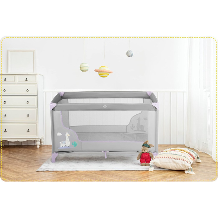 Дитяче ліжечко Ricokids з матрацом 125 x 65 x 78 см, дорожнє ліжечко, вагою до 15 кг, 2 колеса з гальмами, знімний бічний вхід, сумка для перенесення, складна, компактна, світло-сіра, лавандова