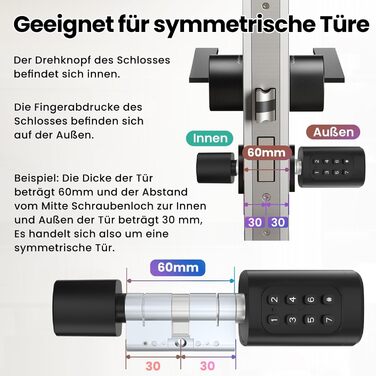 Розумний дверний замок AVATTO з відбитком пальця та паролем для дверей 90-120 мм, довжина циліндра замка регулюється, з ключем, картою IC, підтримка Smart Life App Remote Control