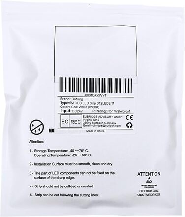 Світлодіодна стрічка GOMING 24 В COB 4000K Світлодіодна стрічка 312 світлодіодів/M Самоклеюча CRI 93 Висока яскравість 6300 лм Неводонепроникна світлодіодна стрічка IP20 для прикраси внутрішнього будинку (лише стрічка) (холодний білий, 5 м)