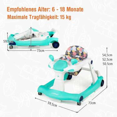 Складні ходунки для немовлят COSTWAY 2-в-1, ходунки регульовані по висоті, без прогулянок з музикою та світлом, допоміжний засіб для ходьби з захистом від зіткнень і ковзання, ходунки для немовлят, для 6-18 місяців, з навантаженням до 15 кг (зелений)